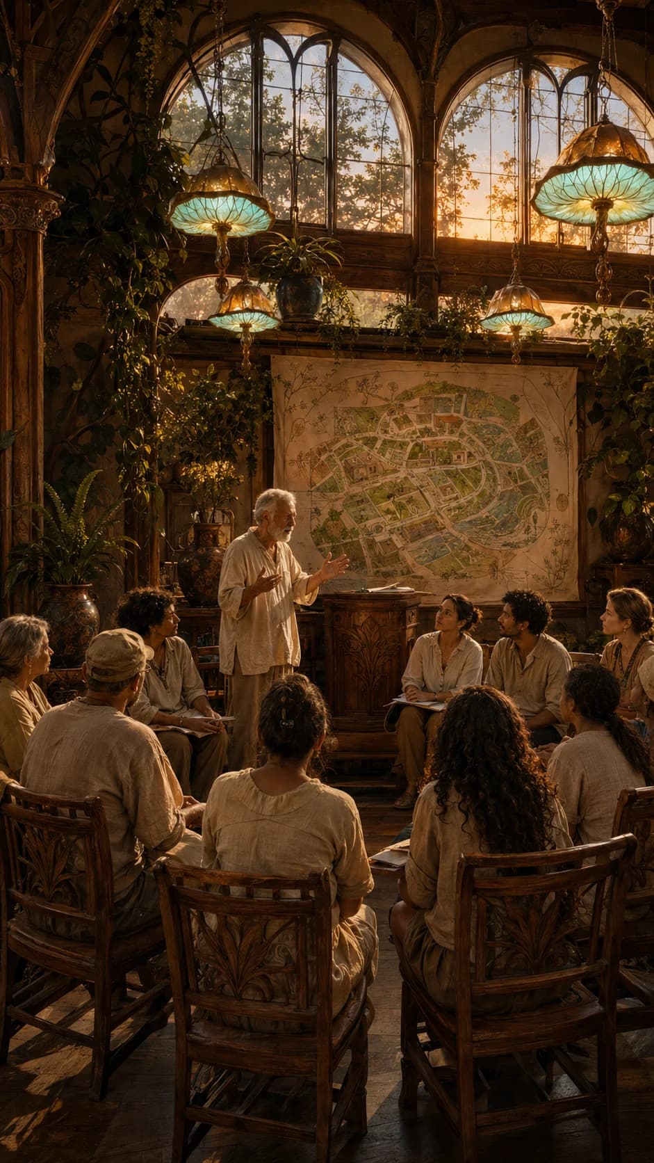 Solarpunk community land trust meeting at sunset: an elder speaks beside a parcel map, audience seated in a semicircle