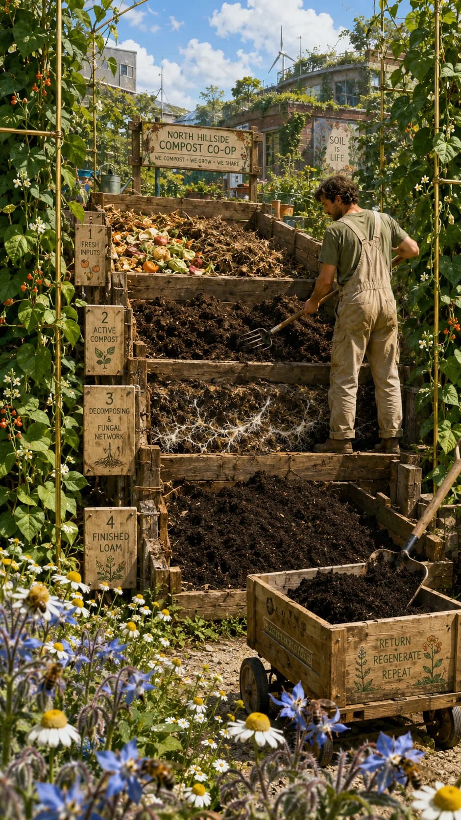 Solarpunk compost co-op with four labeled tiered wooden bays, a worker turning compost, and a wildflower border