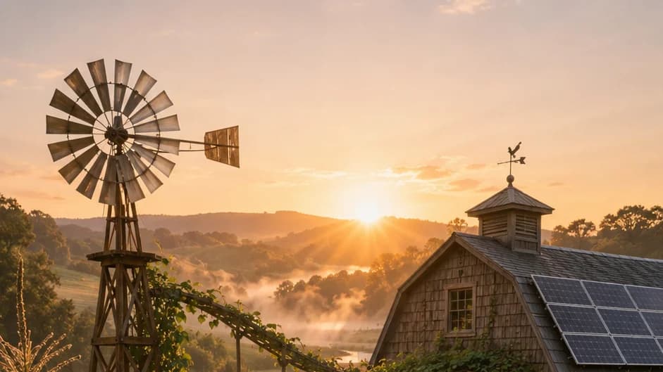 Solarpunk regenerative farm at dawn: farmer harvests flowers beside a solar-paneled barn and wind pump