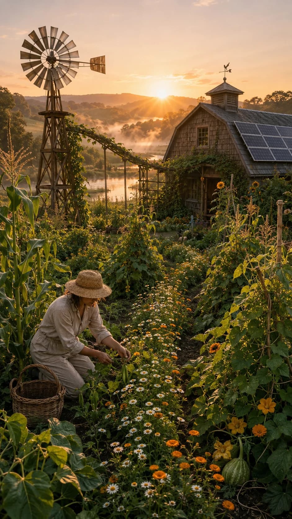 Solarpunk regenerative farm at dawn: farmer harvests flowers beside a solar-paneled barn and wind pump