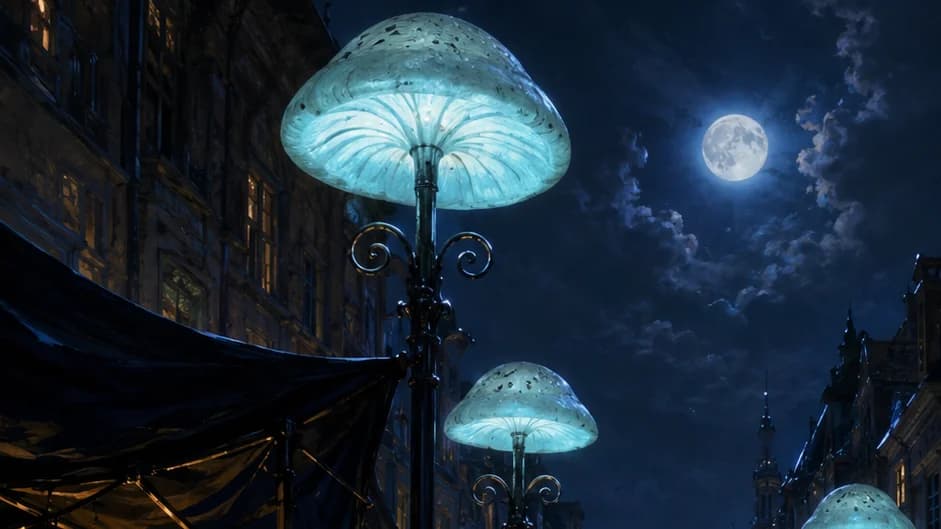 Lunarpunk night market with bioluminescent mushroom streetlamps and a craftsman's bench under a magnifier lamp
