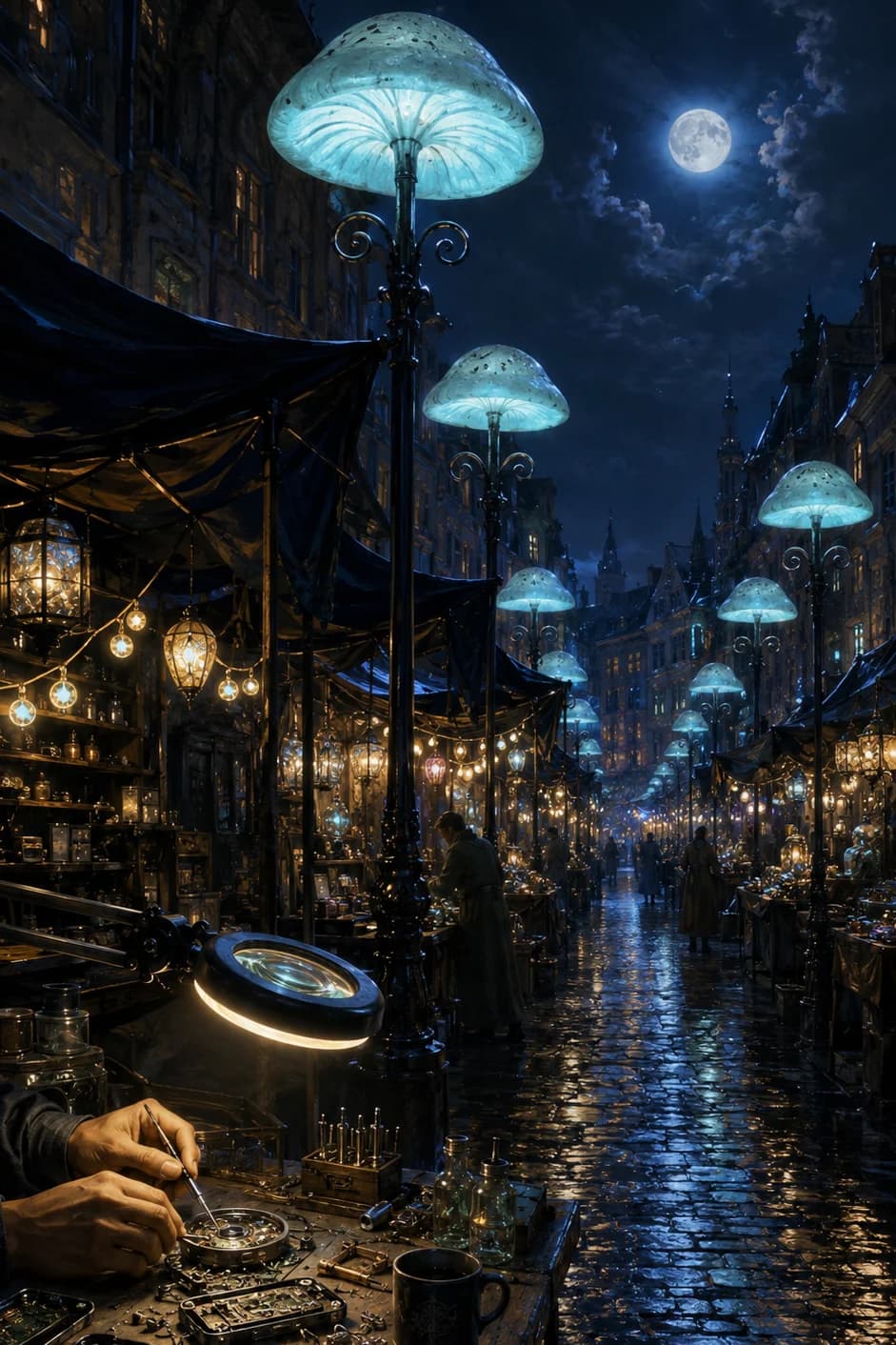 Lunarpunk night market with bioluminescent mushroom streetlamps and a craftsman's bench under a magnifier lamp
