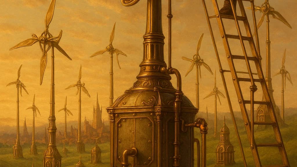Steampunk brass wind farm: engineer on a brass ladder inspects an Art Nouveau-bladed windmill, more windmills behind