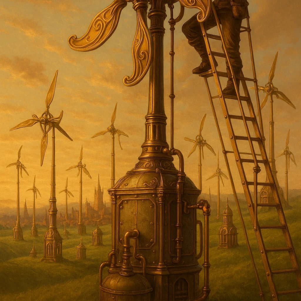 Steampunk brass wind farm: engineer on a brass ladder inspects an Art Nouveau-bladed windmill, more windmills behind