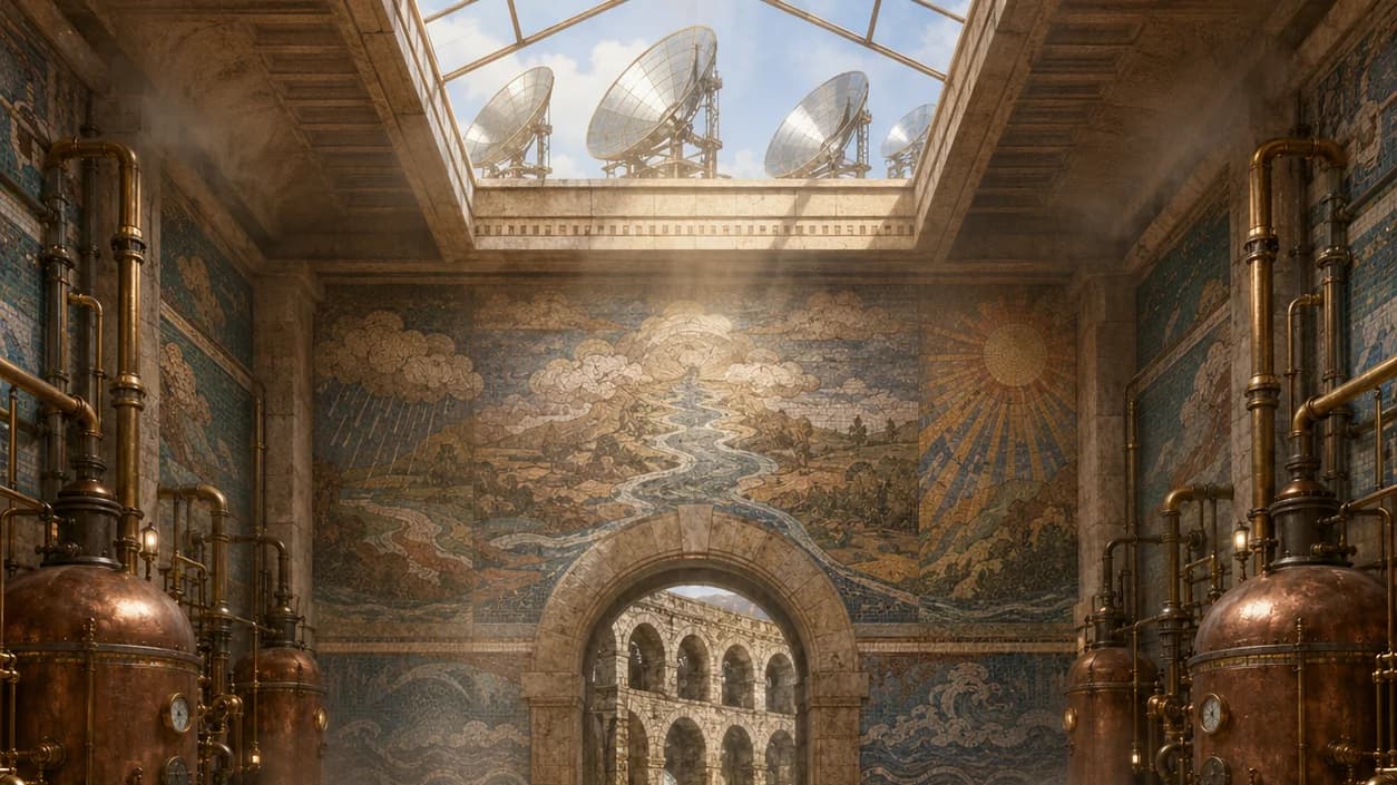 Clockpunk solar bathhouse: mosaic-tiled pool, copper boilers, and parabolic solar concentrators in the skylight