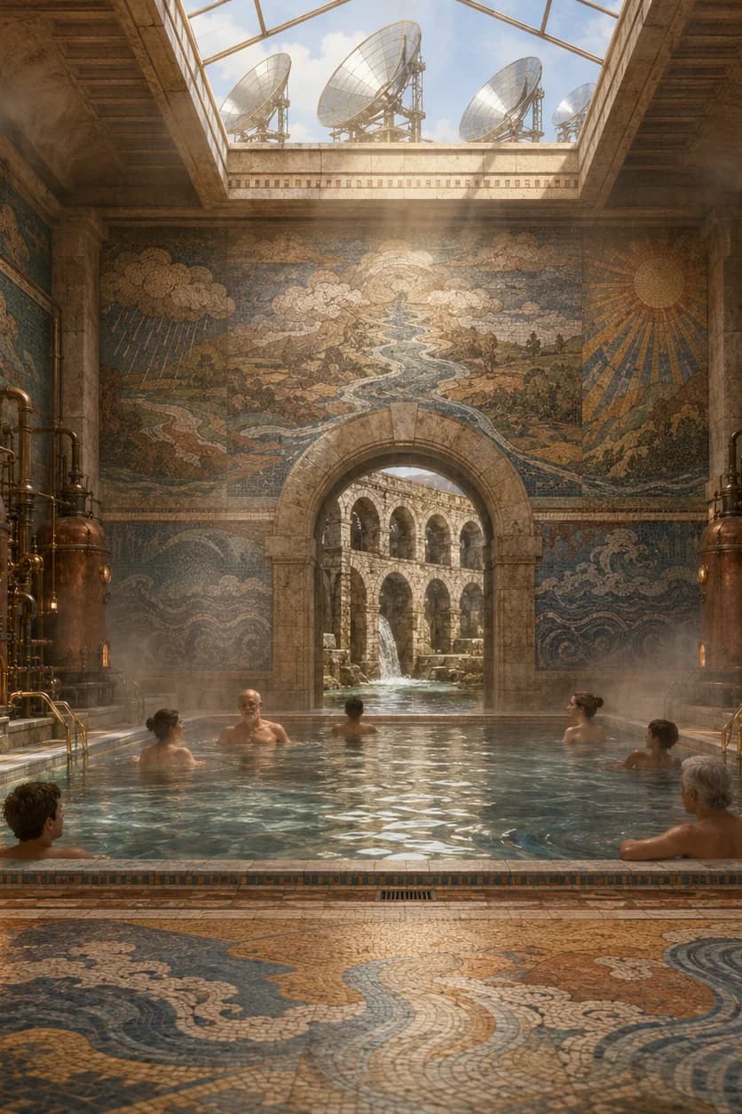 Clockpunk solar bathhouse: mosaic-tiled pool, copper boilers, and parabolic solar concentrators in the skylight