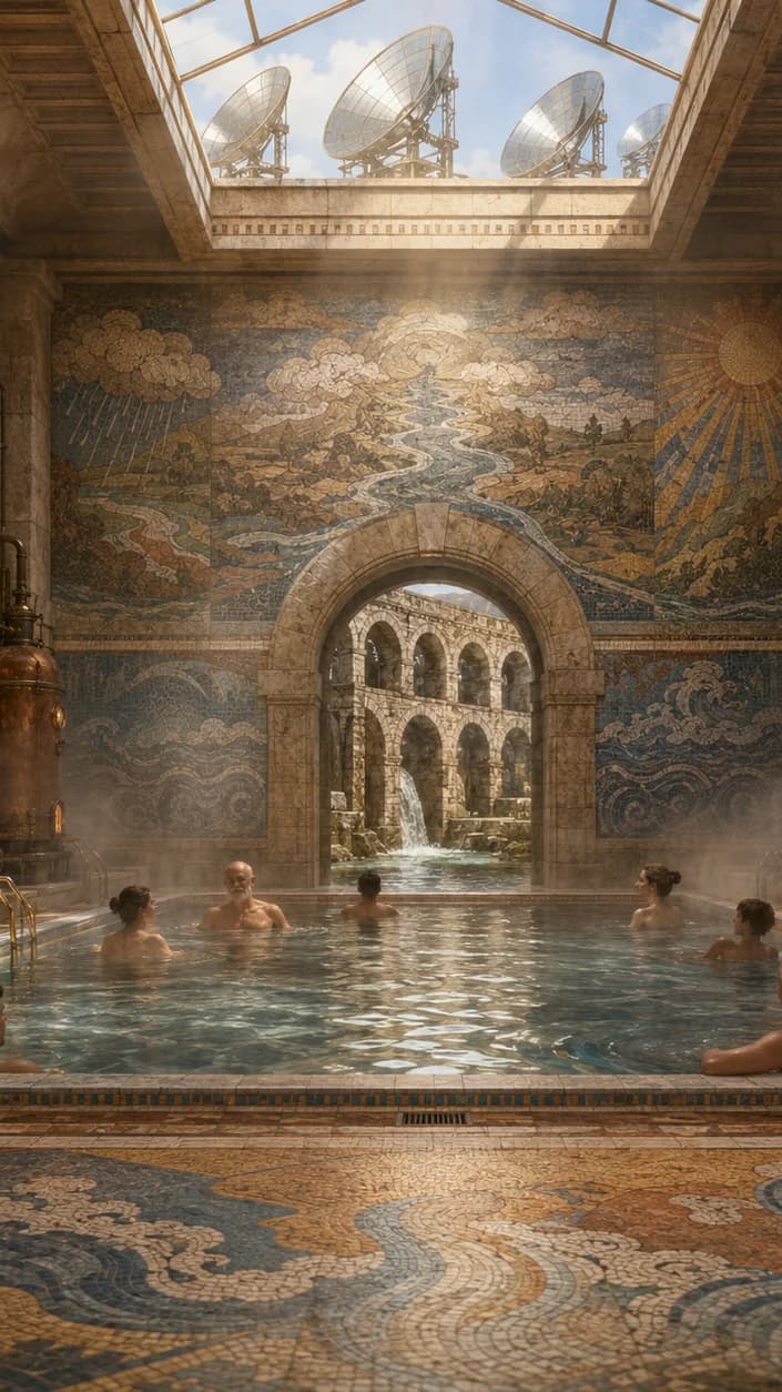Clockpunk solar bathhouse: mosaic-tiled pool, copper boilers, and parabolic solar concentrators in the skylight