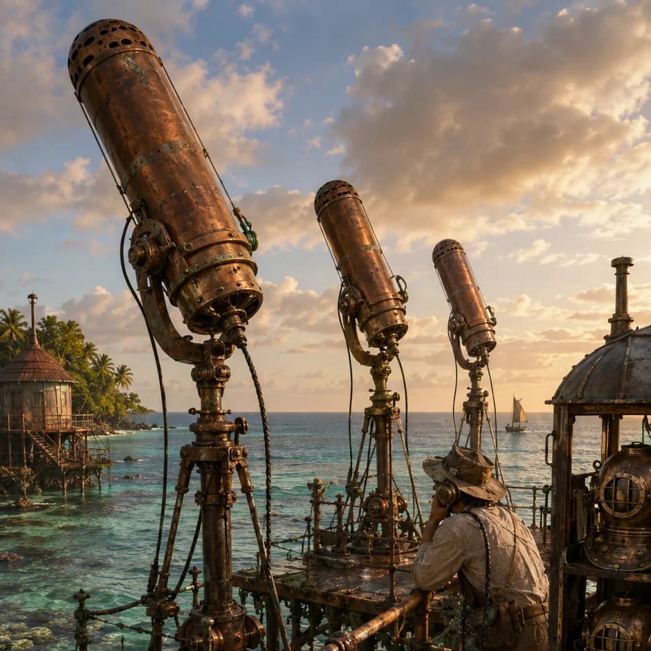 Oceanpunk research outpost: three brass hydrophones on tripods; researcher with logbook over tropical shallows
