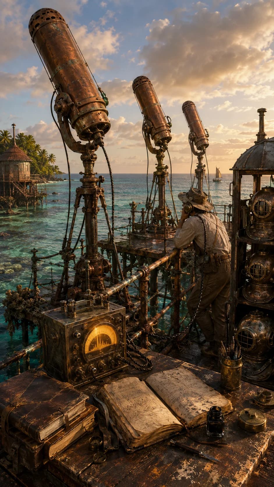 Oceanpunk research outpost: three brass hydrophones on tripods; researcher with logbook over tropical shallows