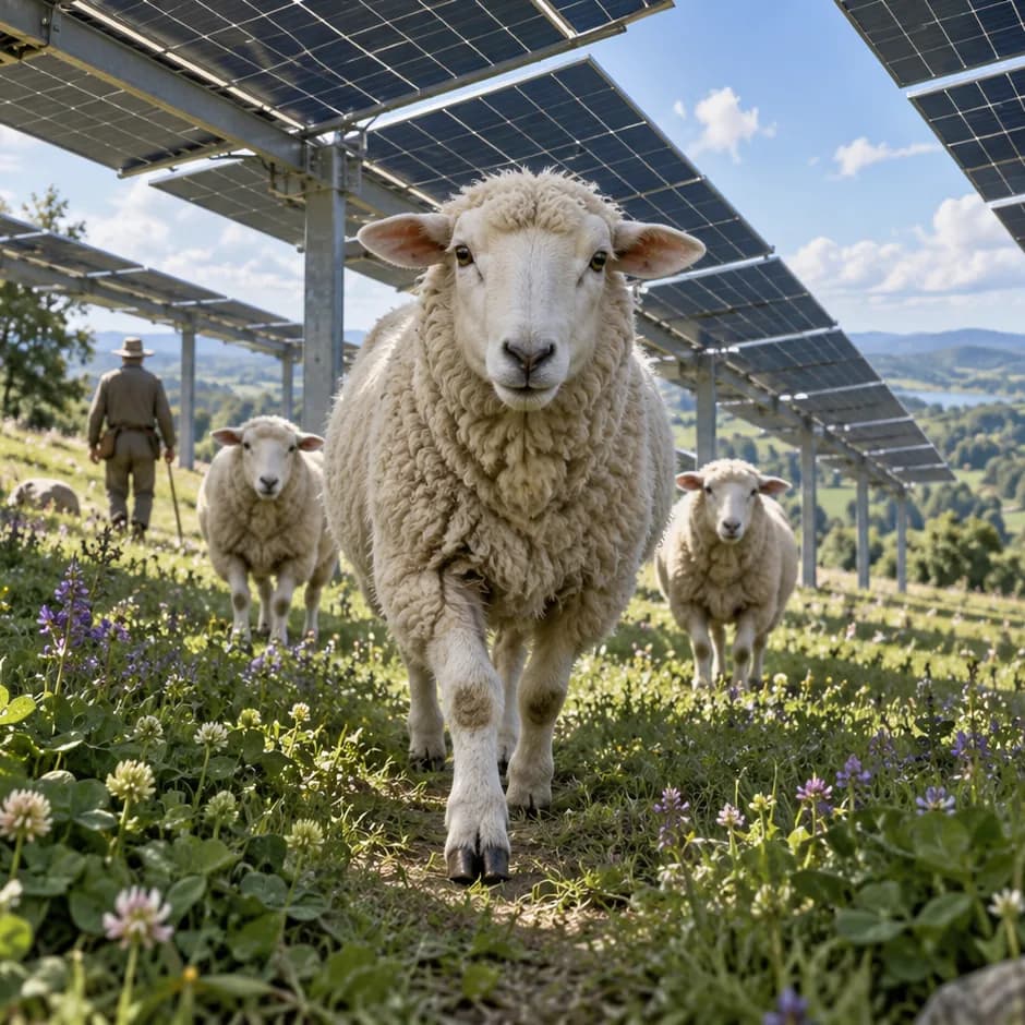 Three sheep walk through clover beneath raised solar panels, with a shepherd and wooded hills behind them.