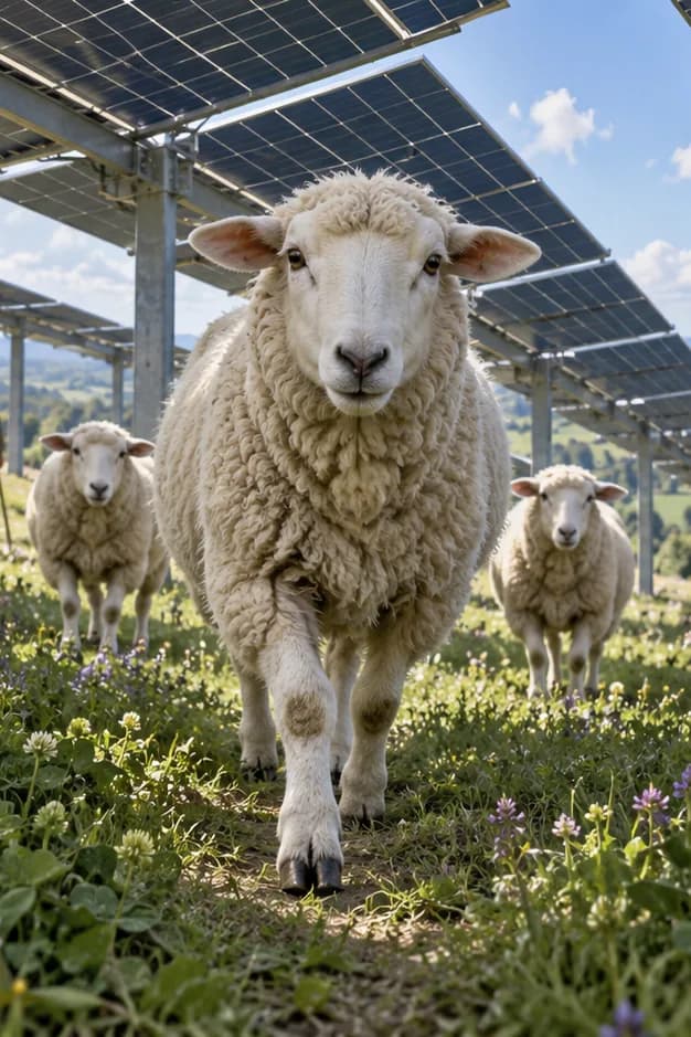 Three sheep walk through clover beneath raised solar panels, with a shepherd and wooded hills behind them.
