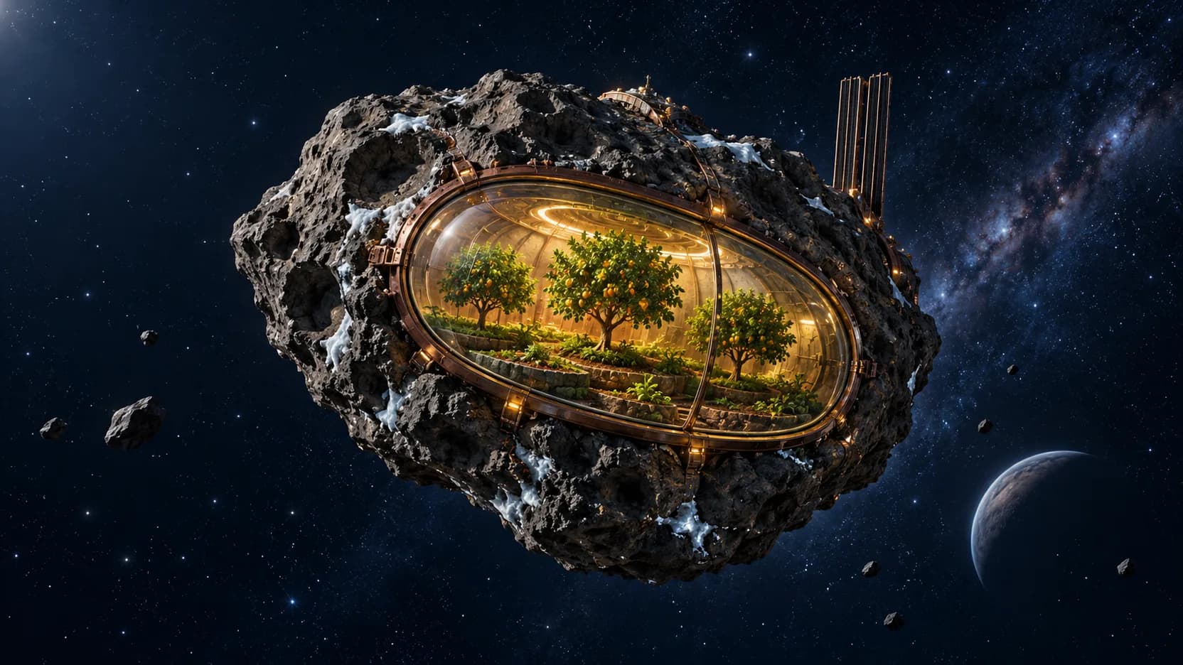 Three fruit trees glow behind an oval window in a rocky asteroid floating above a distant crescent planet.
