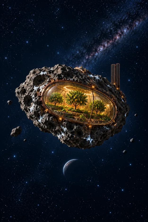 Three fruit trees glow behind an oval window in a rocky asteroid floating above a distant crescent planet.