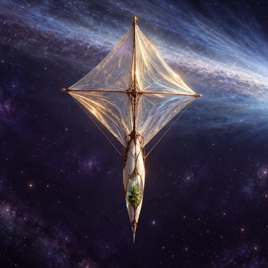 A translucent diamond sail and ivory spacecraft with a green chamber float before a blue comet plume.