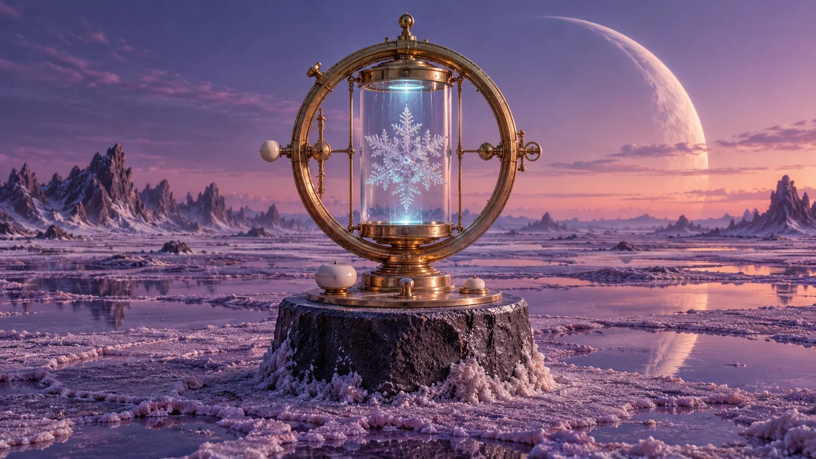 A brass optical ring holds a glowing frost crystal in a glass chamber above a violet plain beneath a crescent planet.