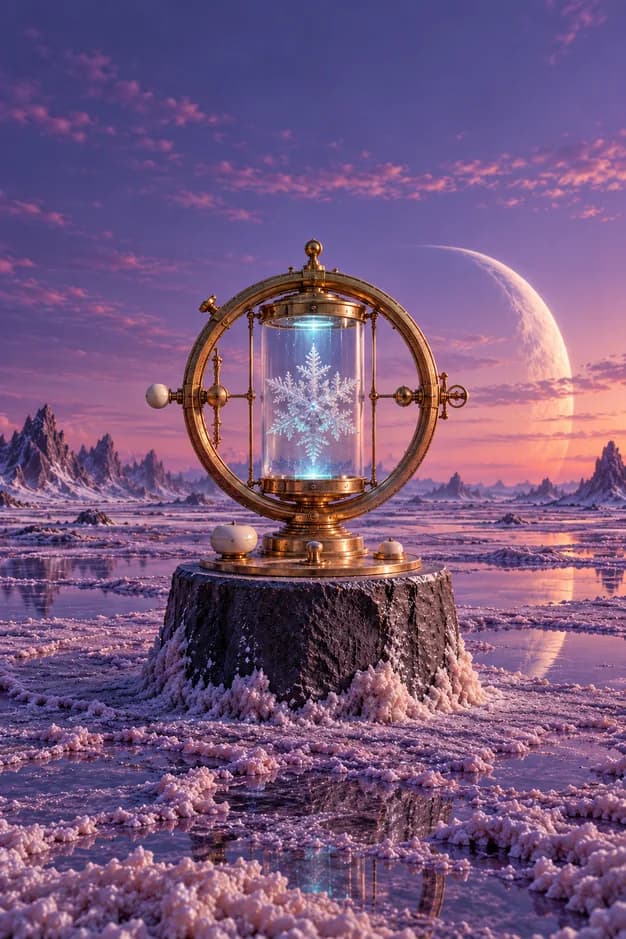 A brass optical ring holds a glowing frost crystal in a glass chamber above a violet plain beneath a crescent planet.