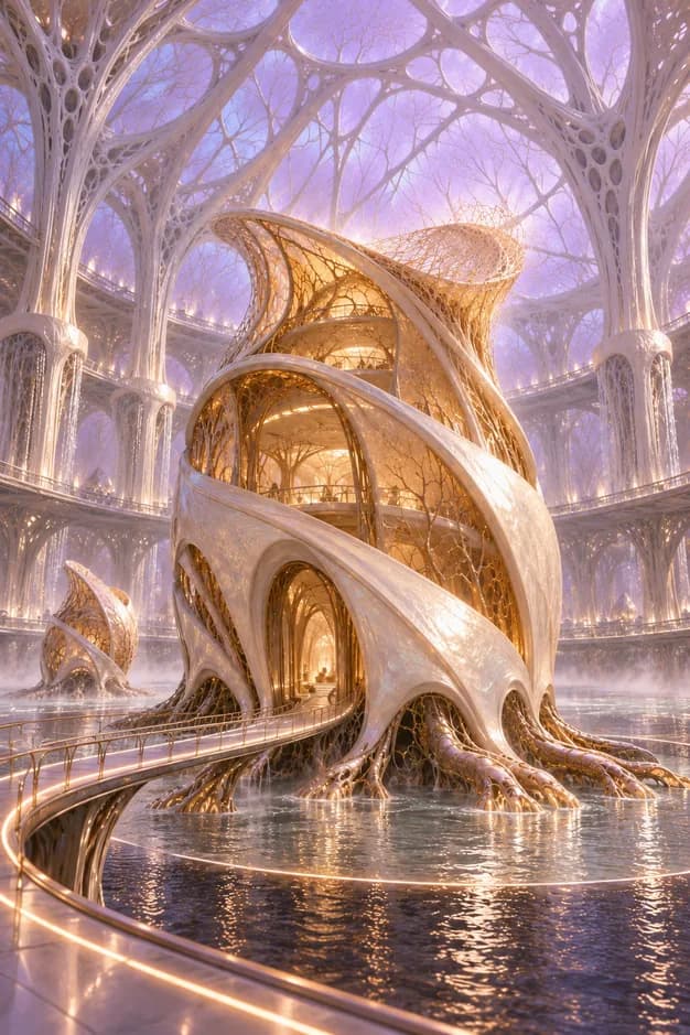 A pearlescent dwelling shell grows from a shallow pool, with amber membranes and curling ribs in a vast nursery.