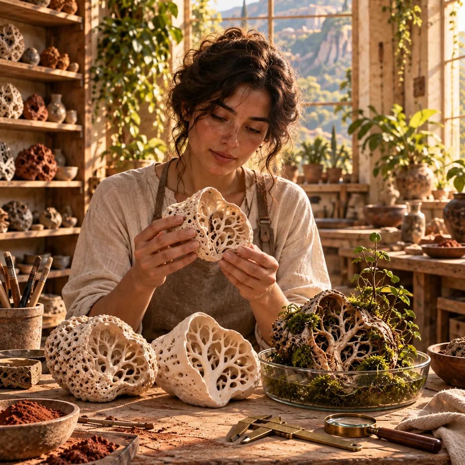 An artisan examines a porous ceramic shell beside pale samples and a rooted specimen in a glass bowl.