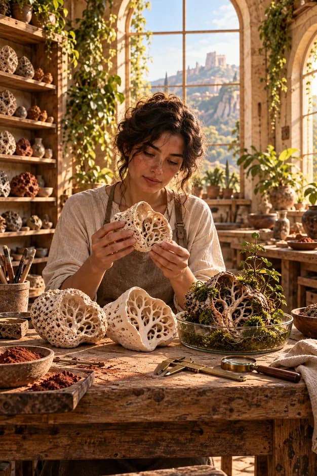 An artisan examines a porous ceramic shell beside pale samples and a rooted specimen in a glass bowl.