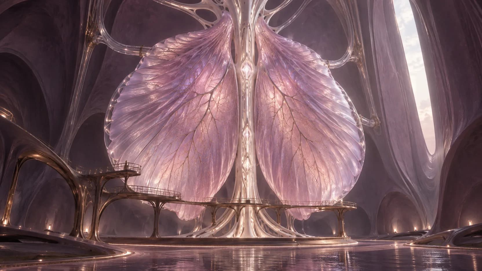 Rose-lilac pleated membranes hang from an ivory spine above bronze gantries inside a vast grown chamber.