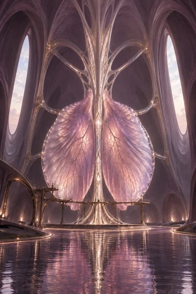Rose-lilac pleated membranes hang from an ivory spine above bronze gantries inside a vast grown chamber.