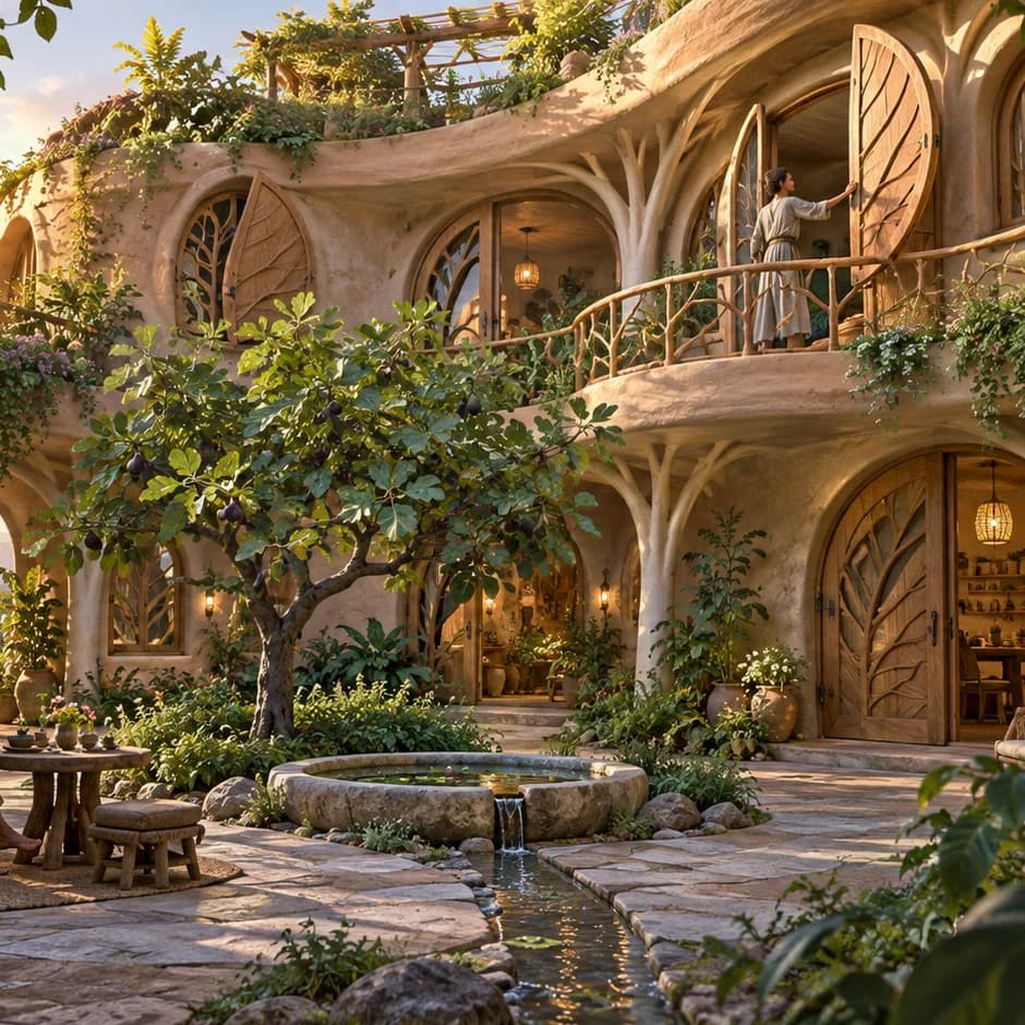 A resident opens a leaf-shaped wooden shutter above a shaded courtyard with a fig tree and stone basin.