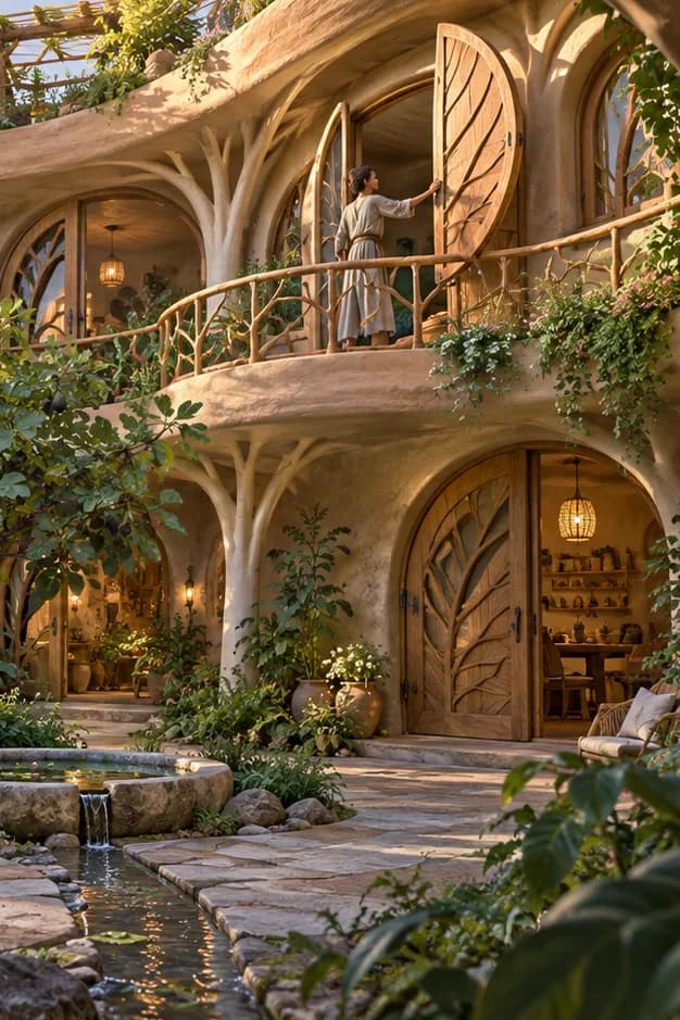 A resident opens a leaf-shaped wooden shutter above a shaded courtyard with a fig tree and stone basin.