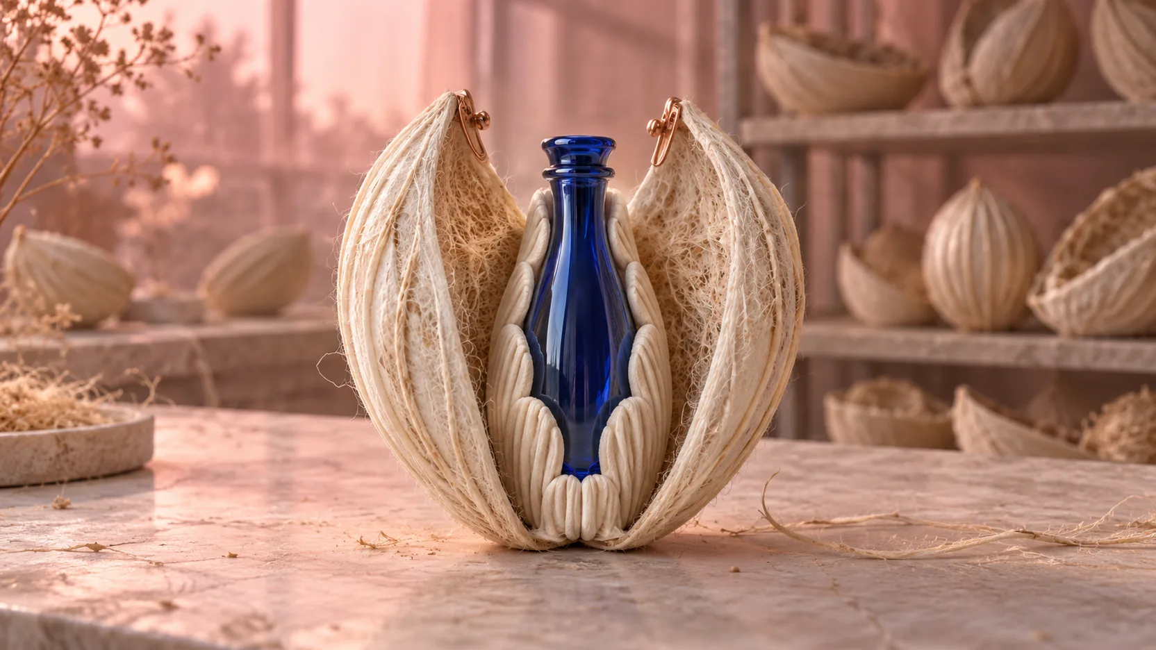 A cobalt glass vessel rests inside an opened cream fibrous shell with ribbed cushioning and copper clasps.