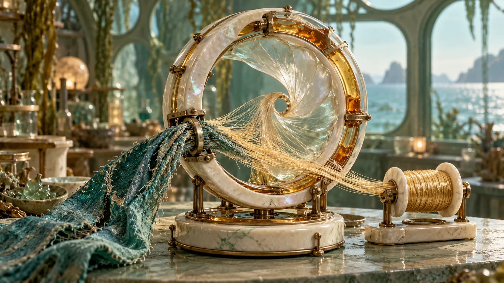 Frayed teal cloth passes through a pearlescent ring, separating into golden fibers gathered onto an ivory spool.