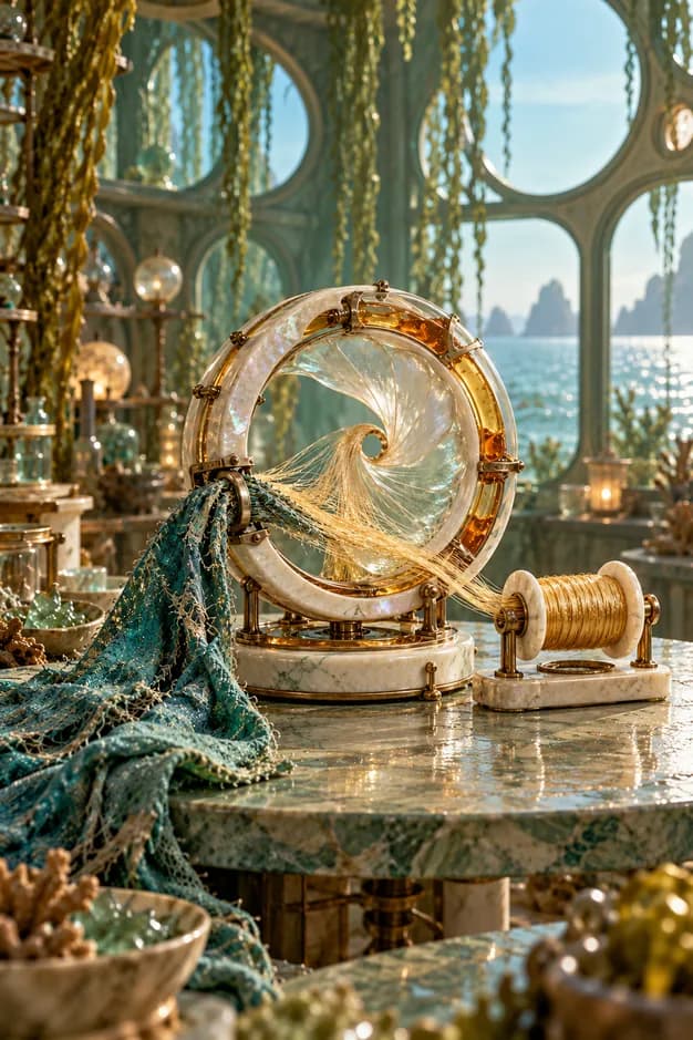 Frayed teal cloth passes through a pearlescent ring, separating into golden fibers gathered onto an ivory spool.