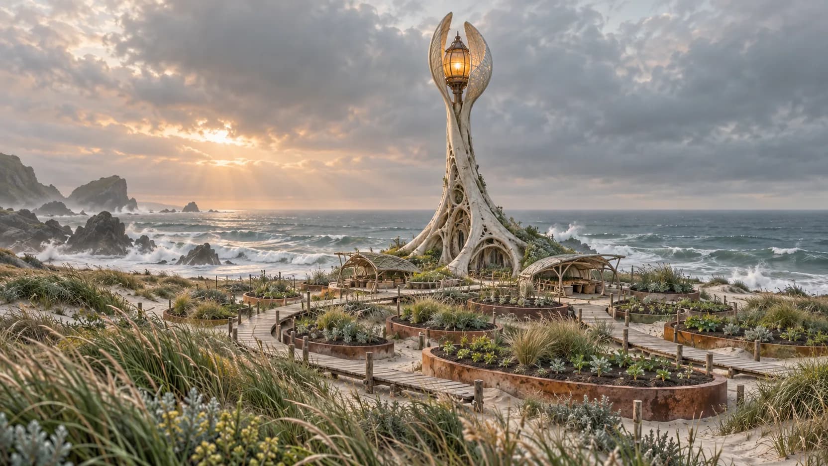 An ivory grown lighthouse shelters coastal seedling beds and winding timber paths beside a rough sea.