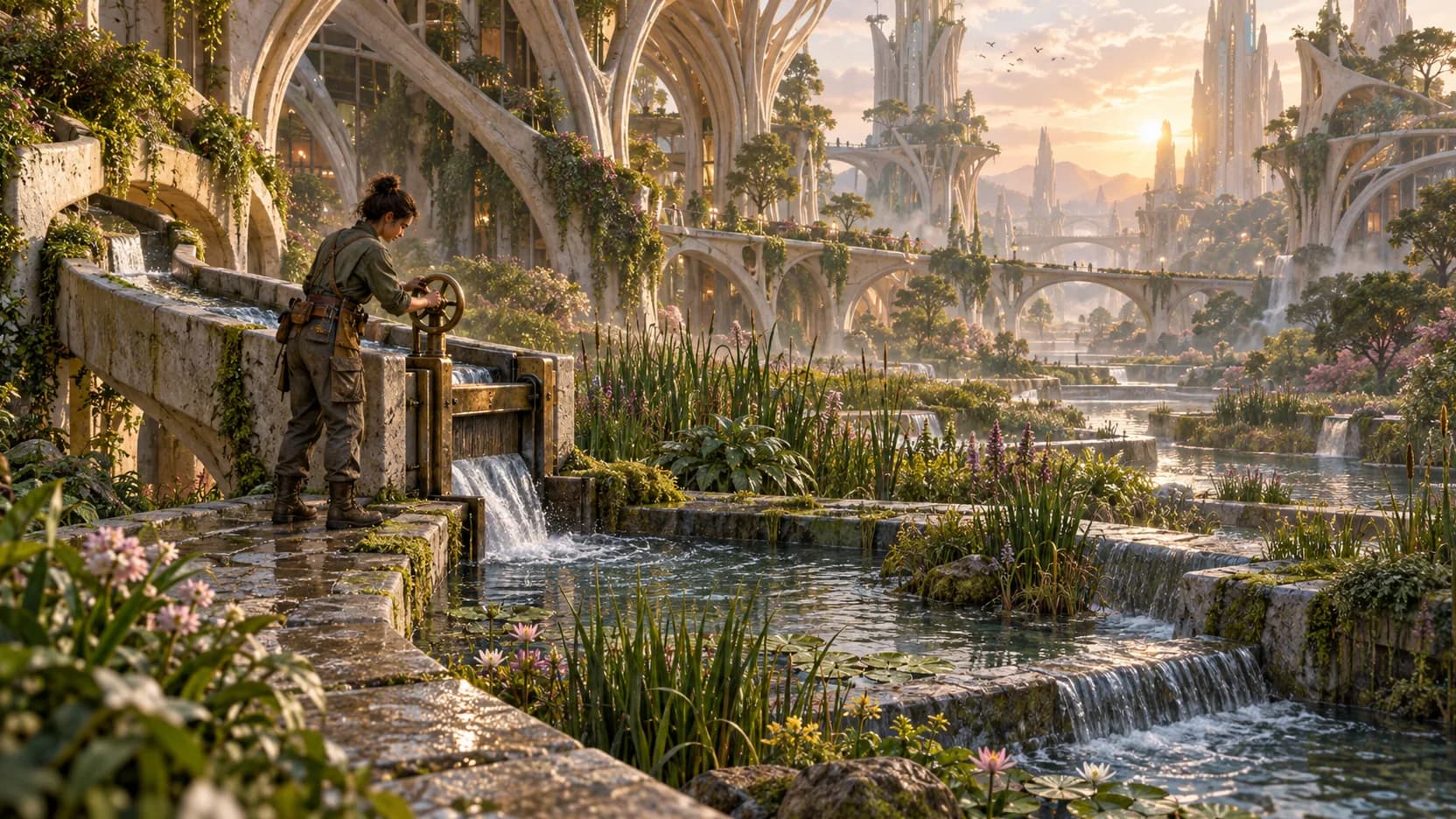 A caretaker opens a brass sluice beside stepped wetland pools beneath branching biopunk arches in golden morning light.