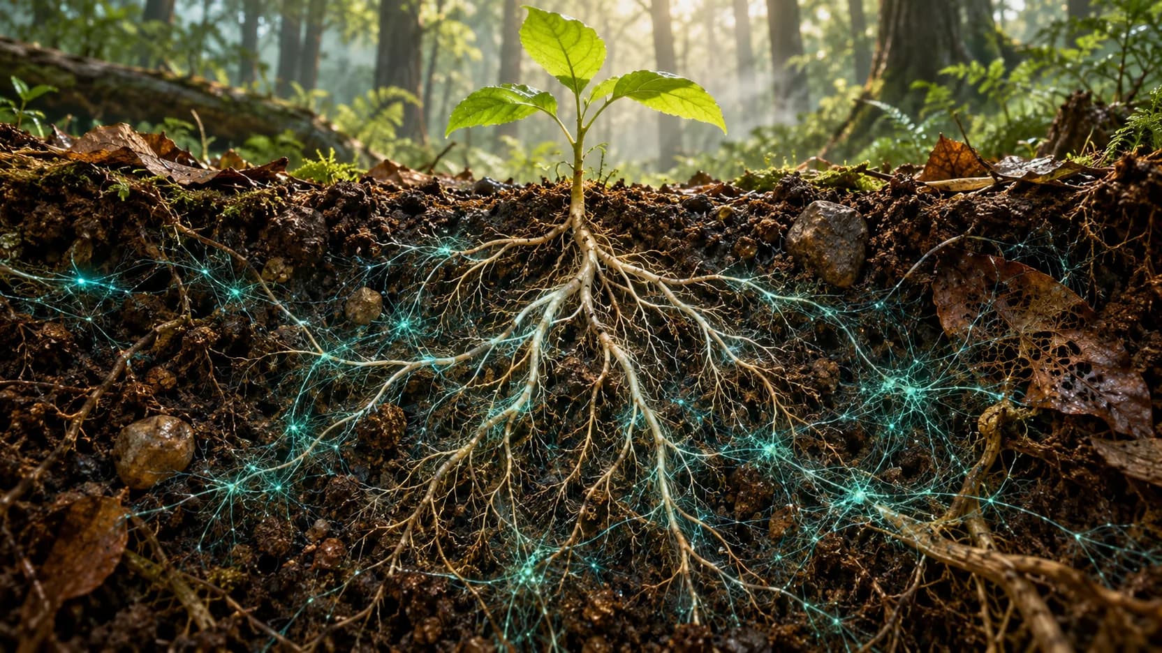A green sapling rises above ivory roots and glowing turquoise fungal threads in a forest-soil cutaway.