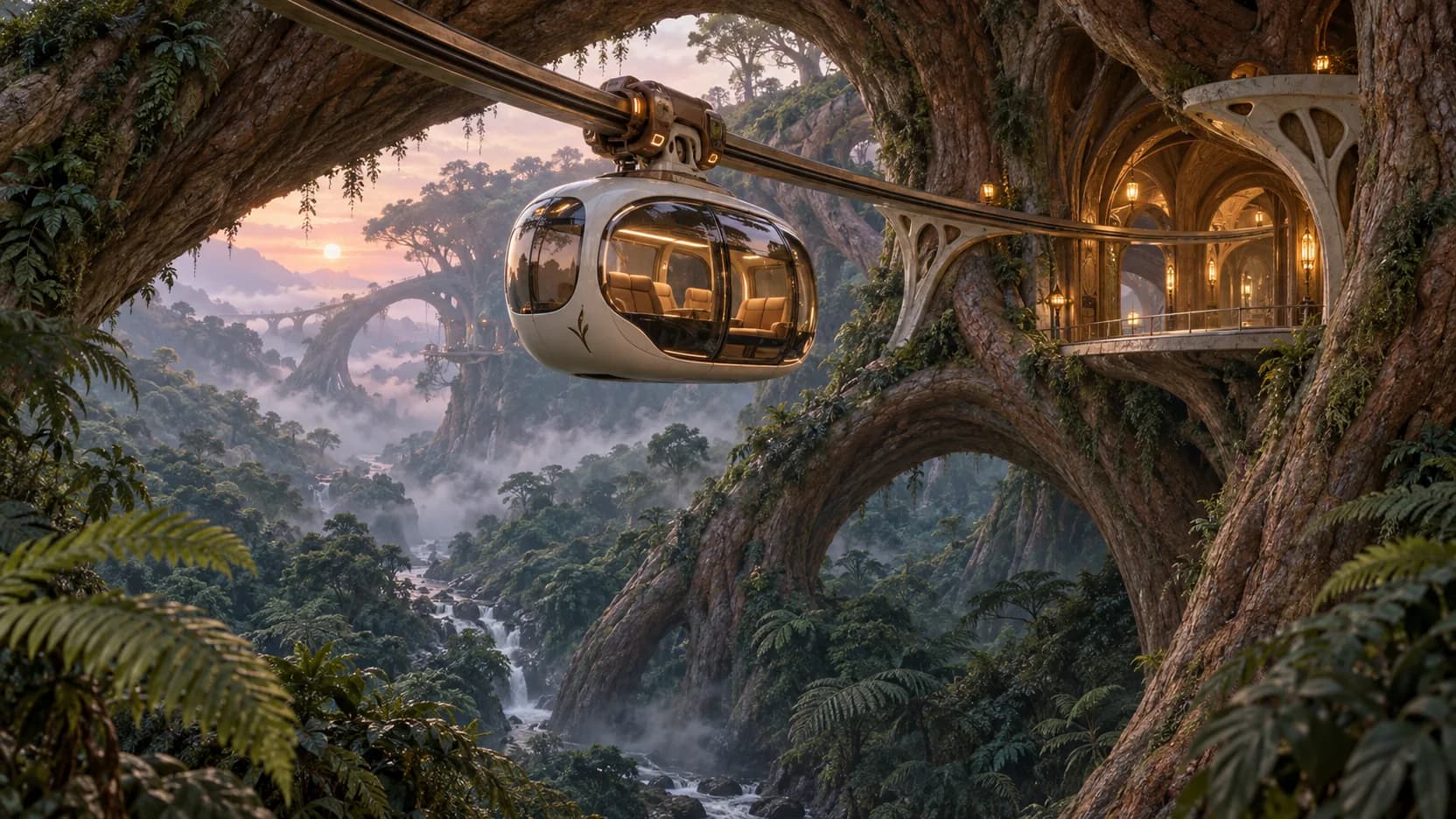 A white passenger cabin hangs from a bronze rail beneath giant living roots above a misty forest ravine.