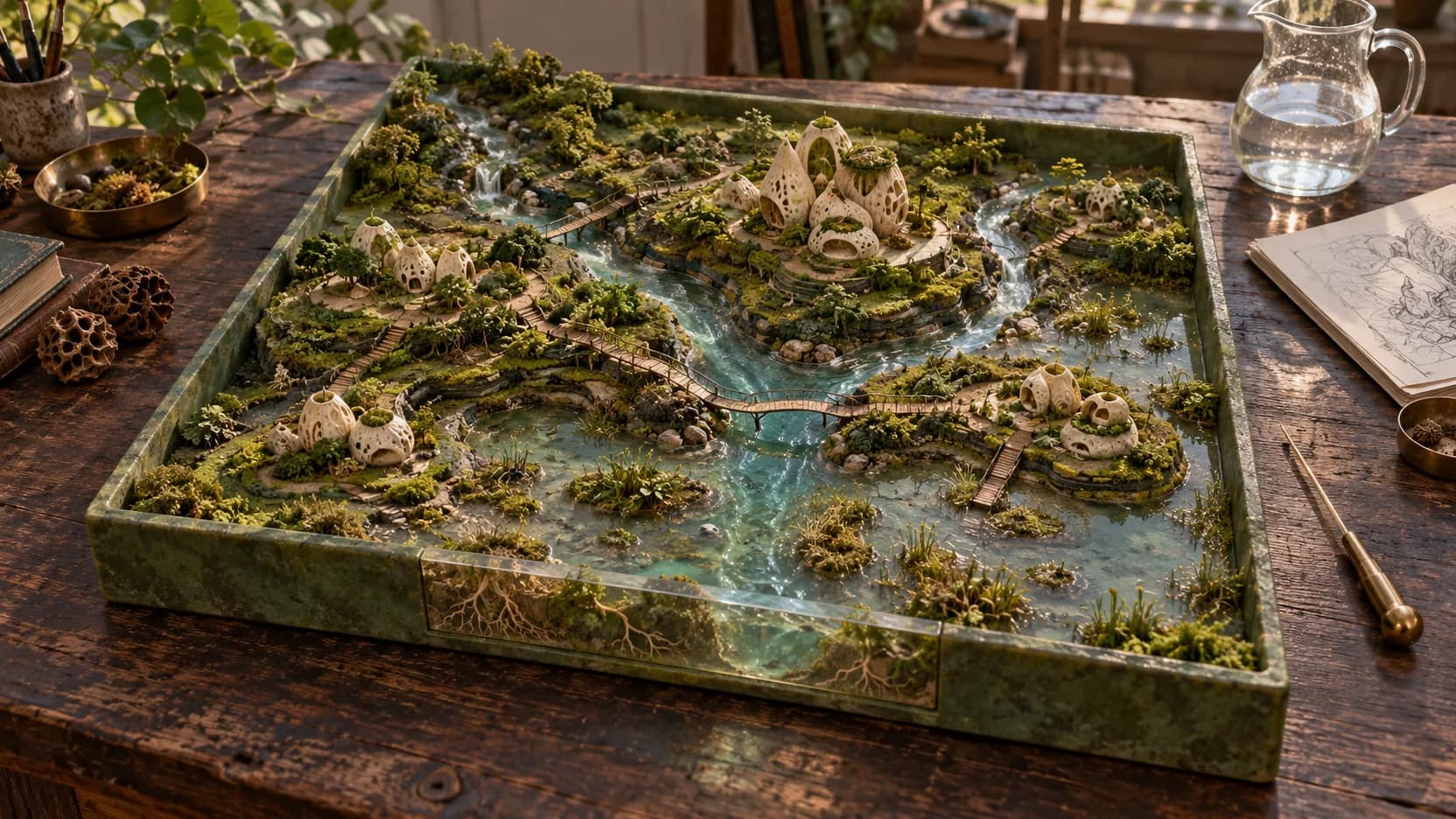 A tabletop watershed model holds branching rivers, mossy islands and tiny ivory houses within a shallow tray.