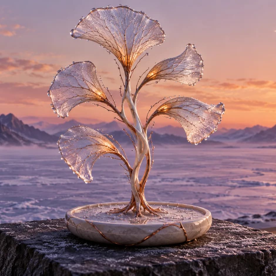 Translucent veined membranes rise from a ceramic dish on a basalt plinth above a lavender frozen lake.