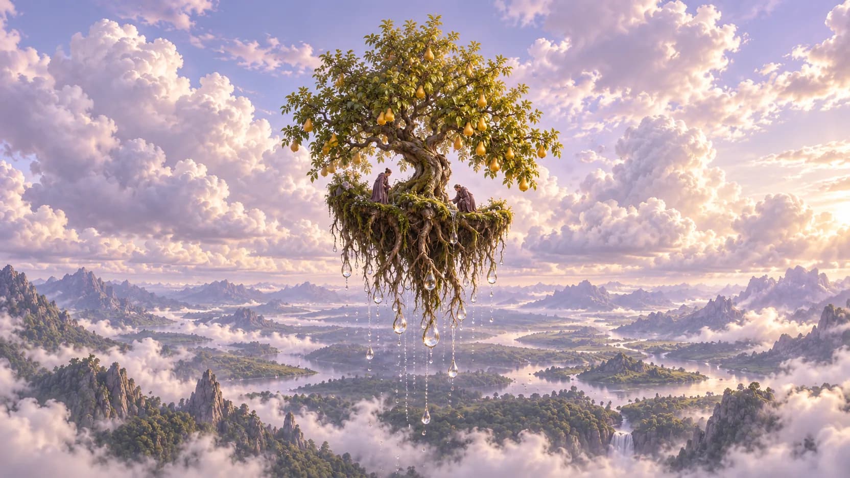Two cloaked keepers tend a floating pear tree whose hanging roots release large droplets above a cloud-filled valley.