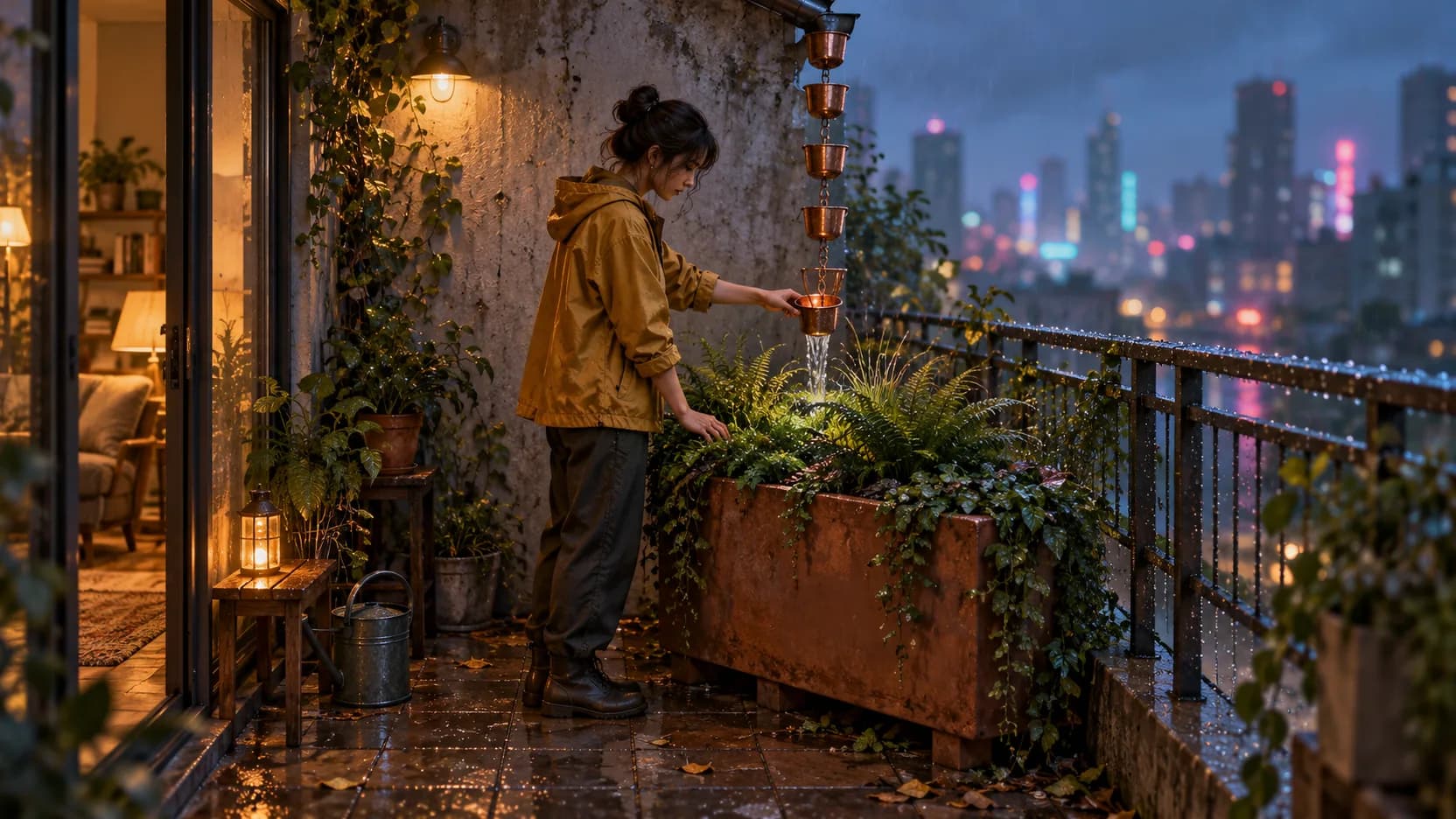 A resident in a mustard jacket tends a copper rain chain above a fern-filled balcony planter at dusk.
