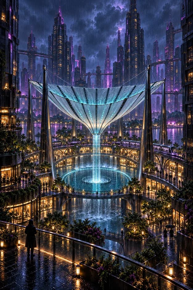 A vast pleated canopy funnels rain into a glowing reservoir amid elevated walkways and a neon-lit future city.