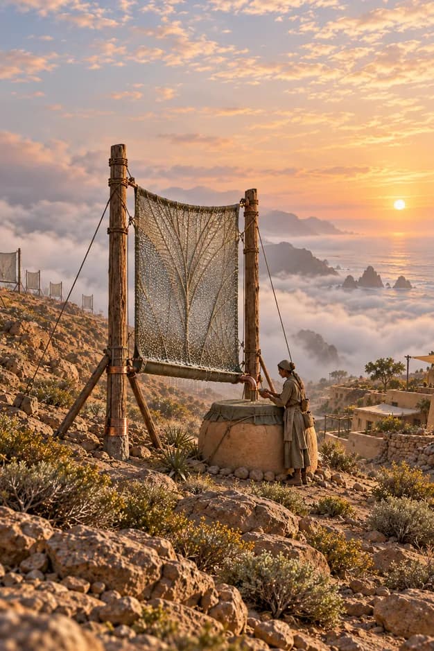 A resident checks a mesh fog collector and covered clay cistern above a misty desert coastline.
