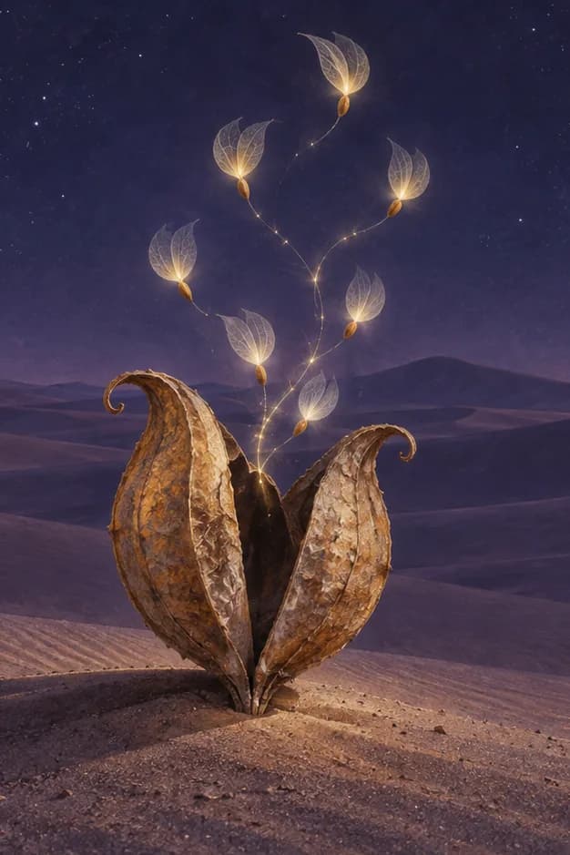 A split amber seed pod releases luminous, translucent seeds above violet desert dunes beneath a starry sky.