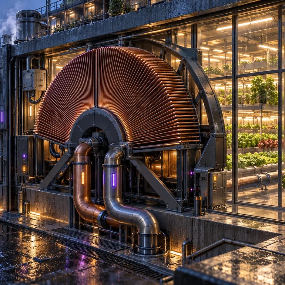 A semicircular copper heat exchanger and paired pipes stand beside a glowing greenhouse in a rainy future city.