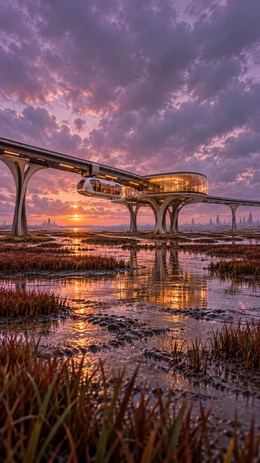 A white suspended shuttle approaches an amber station on branching piers above a copper-red tidal marsh.