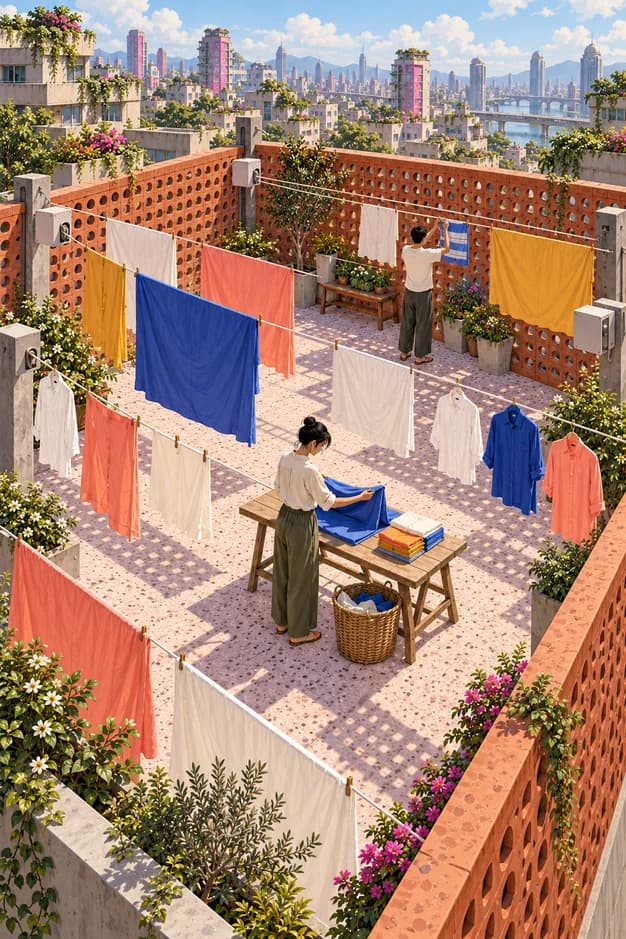Two residents fold and hang colourful laundry in a sunlit rooftop courtyard behind terracotta screens.