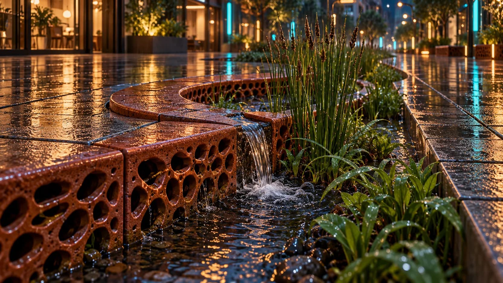 Rainwater spills through porous terracotta curb blocks into a reed-lined channel beside glowing storefronts.