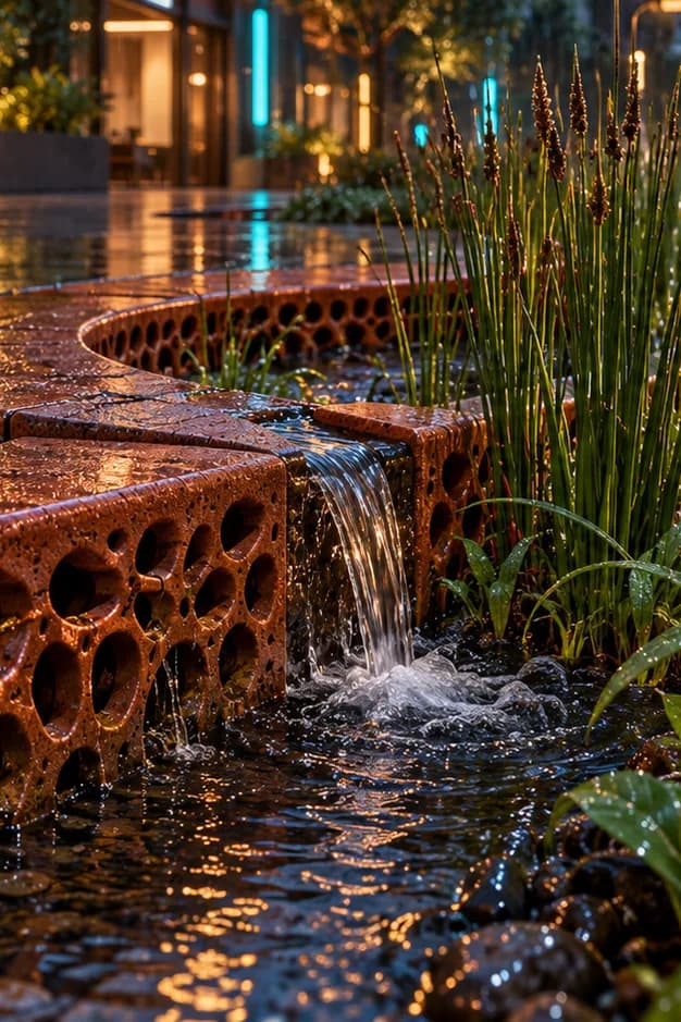 Rainwater spills through porous terracotta curb blocks into a reed-lined channel beside glowing storefronts.