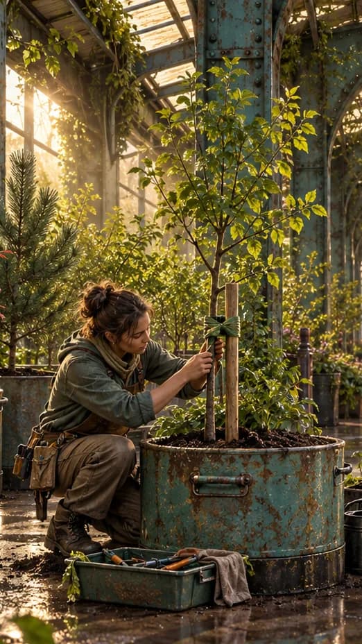 A gardener ties a sapling to a stake beside an arriving tram under a weathered steel canopy with solar panels.