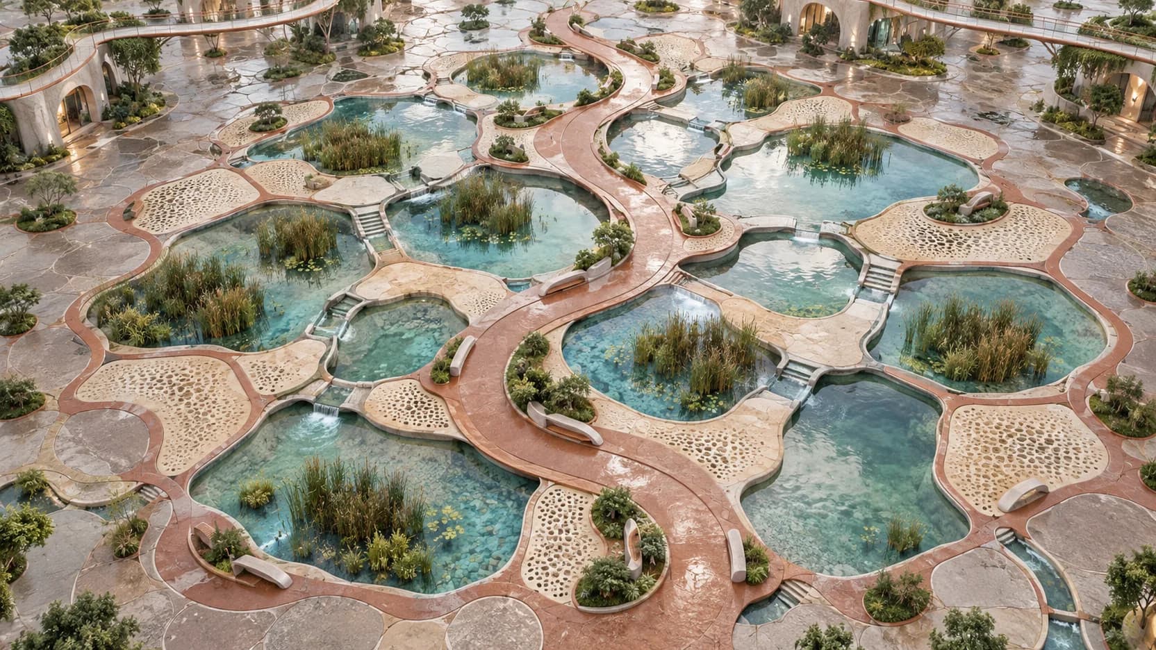 A winding terracotta path crosses turquoise rain basins with reeds, pale porous islands and small stepped channels.