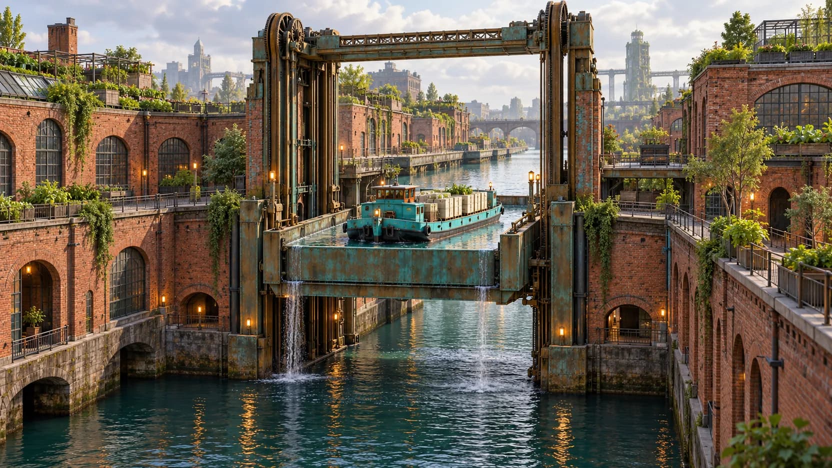 A turquoise cargo barge rests in a raised water trough between bronze lift towers and planted brick warehouses.