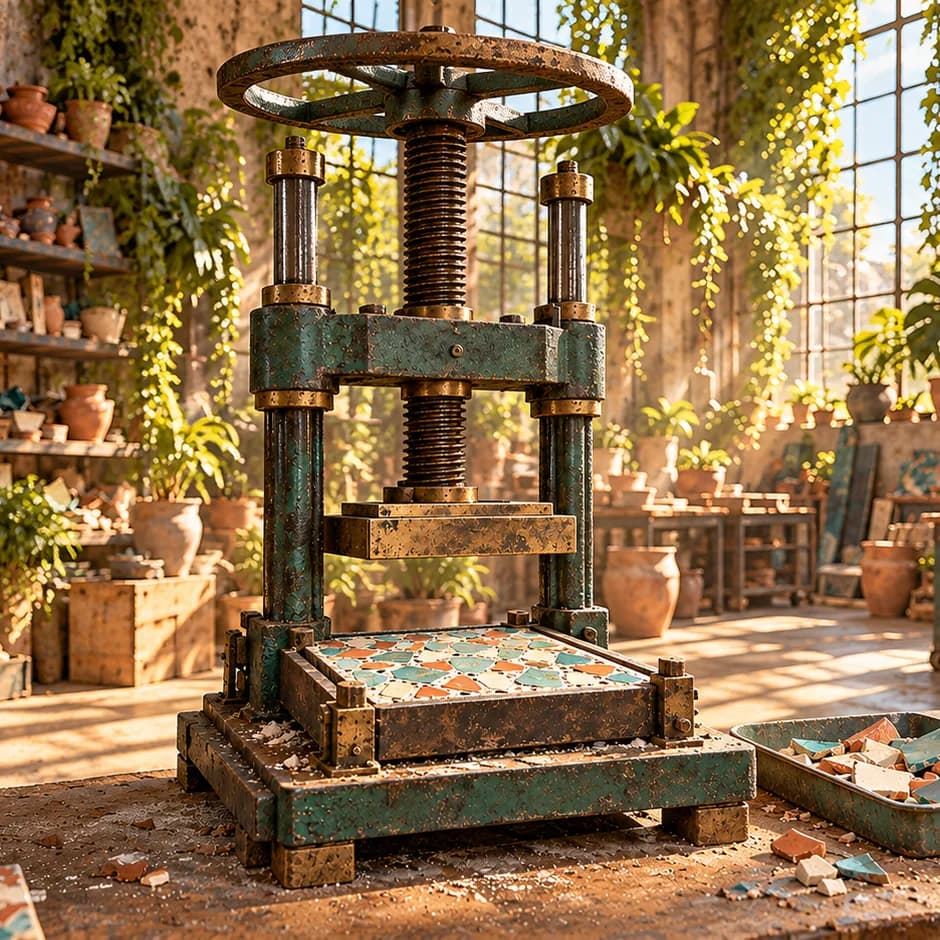 A green and brass screw press holds a turquoise and terracotta mosaic tile in a sunlit ceramic workshop.